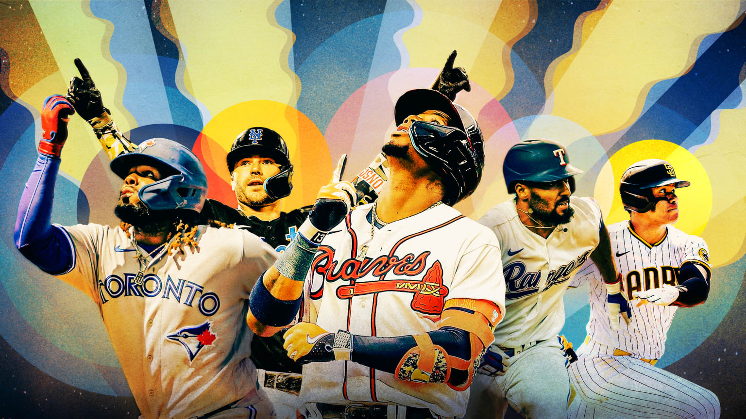 A photo illustration of five hitters against a whimsical background