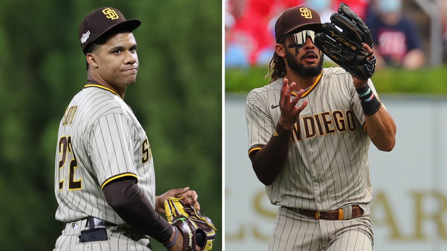 A split image showing Juan Soto and Fernando Tatis Jr.