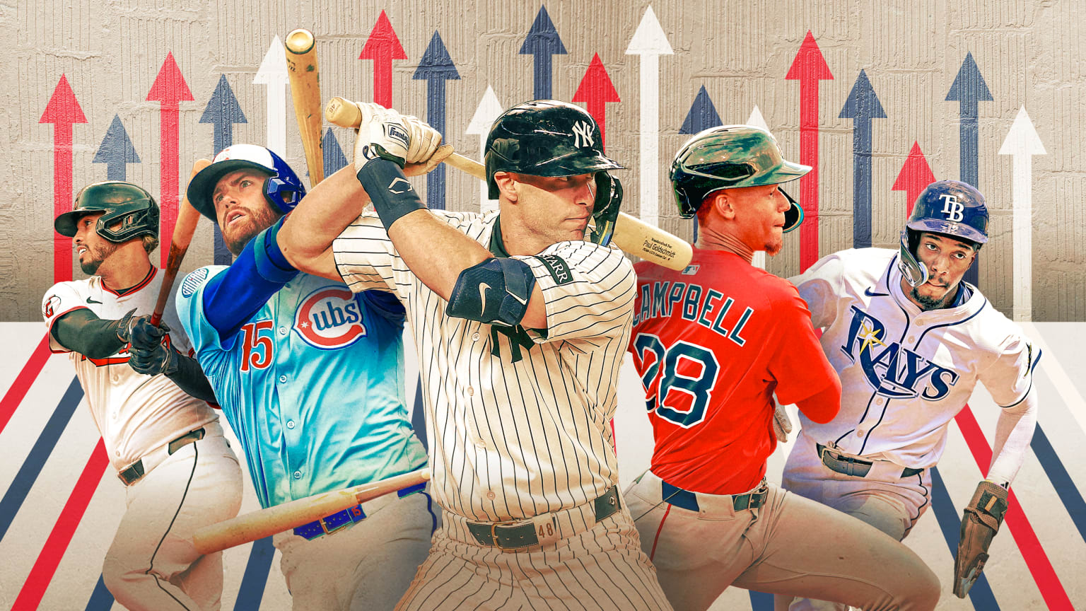 Gabriel Arias, Carson Kelly, Paul Goldschmidt, Kristian Campbell and Chandler Simpson in front of red, white and blue arrows pointing up