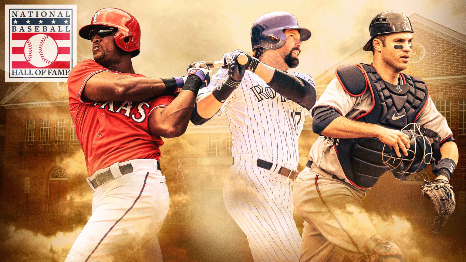 Designed image showing Adrián Beltré, Todd Helton and Joe Mauer with a Hall of Fame logo