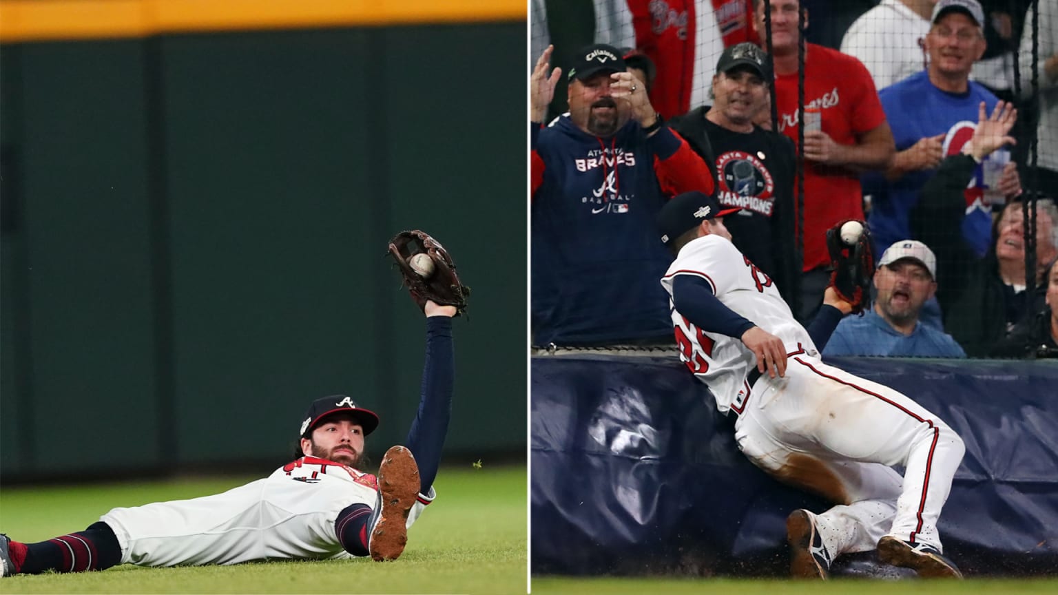 A split image of a player on his back on the grass, holding up his glove with a baseball in it, next to another player sliding near the stands, the baseball just settling into his glove