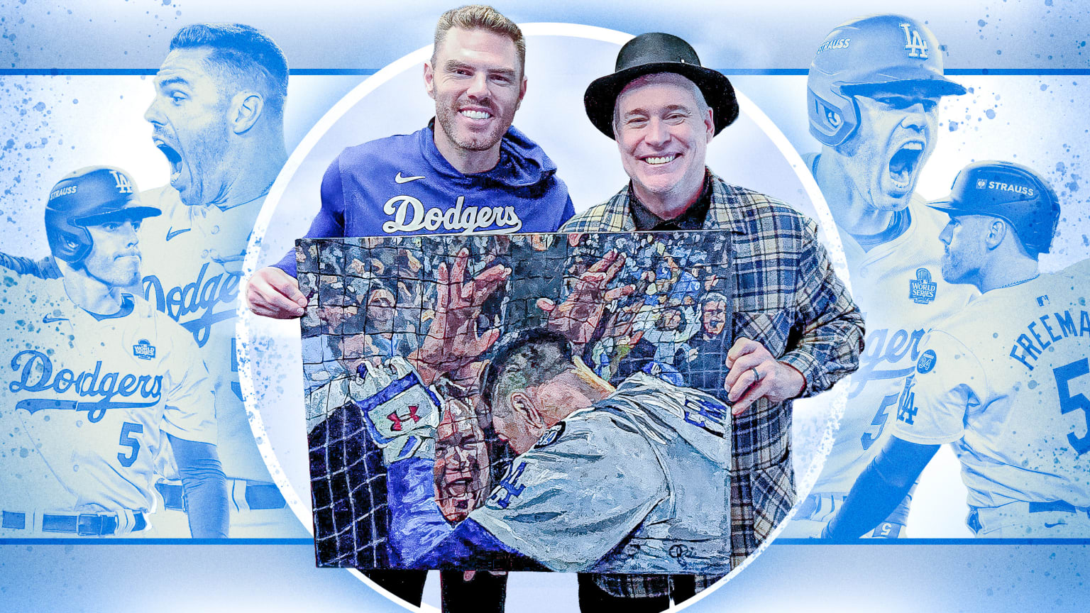 Freddie Freeman holds a painting of him and his father with artist Opie Otterstad