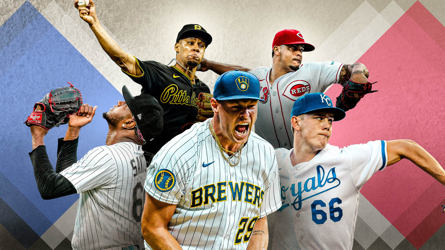 Designed image featuring five breakout reliever candidates for 2024