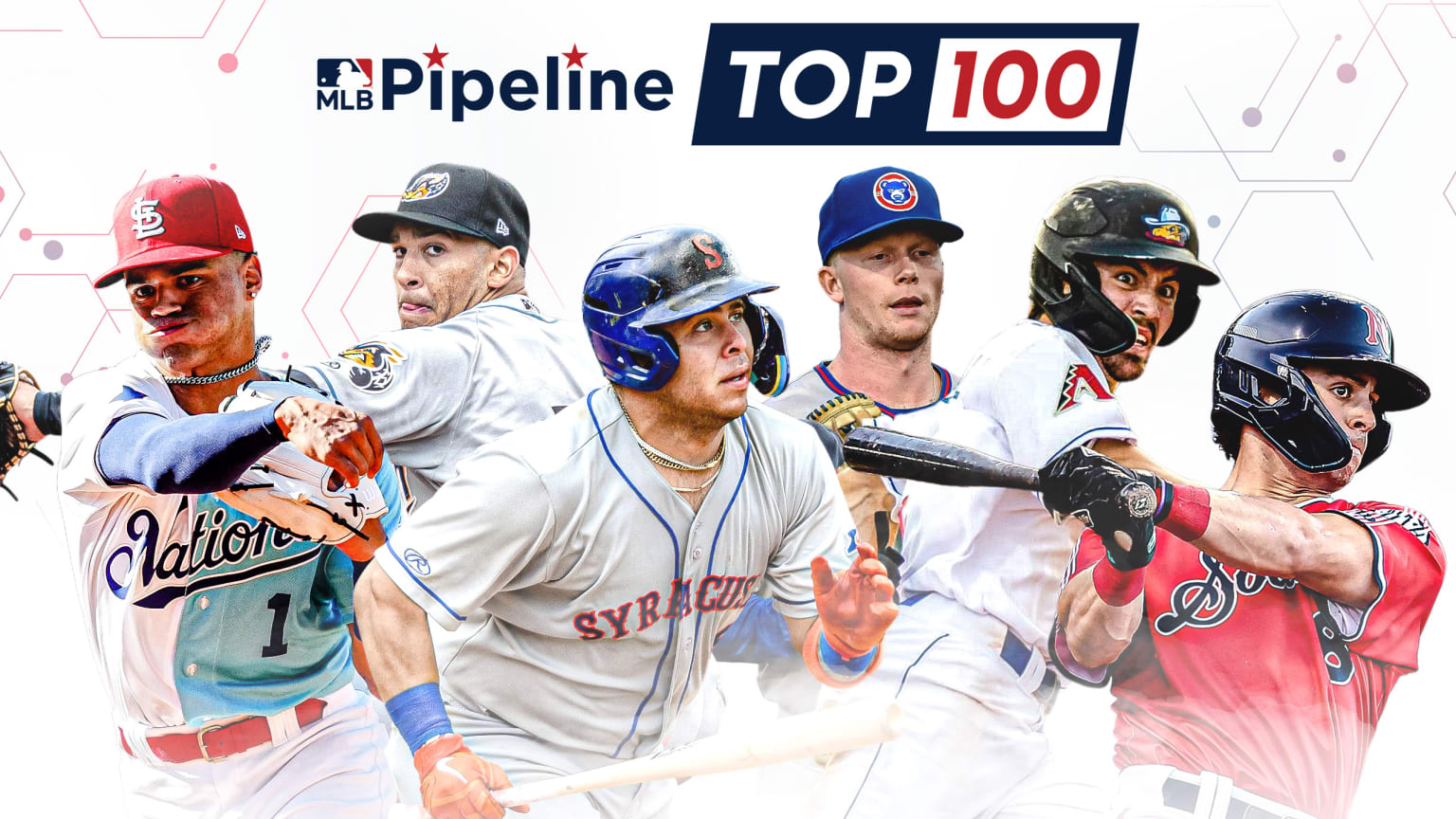 Six prospects are pictured below an MLB Pipeline Top 100 logo