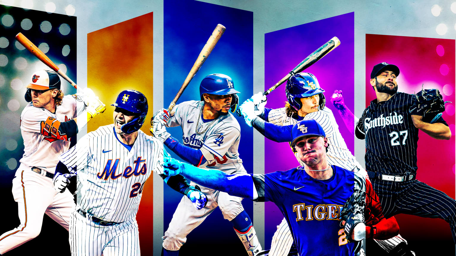 A photo illustration of six players