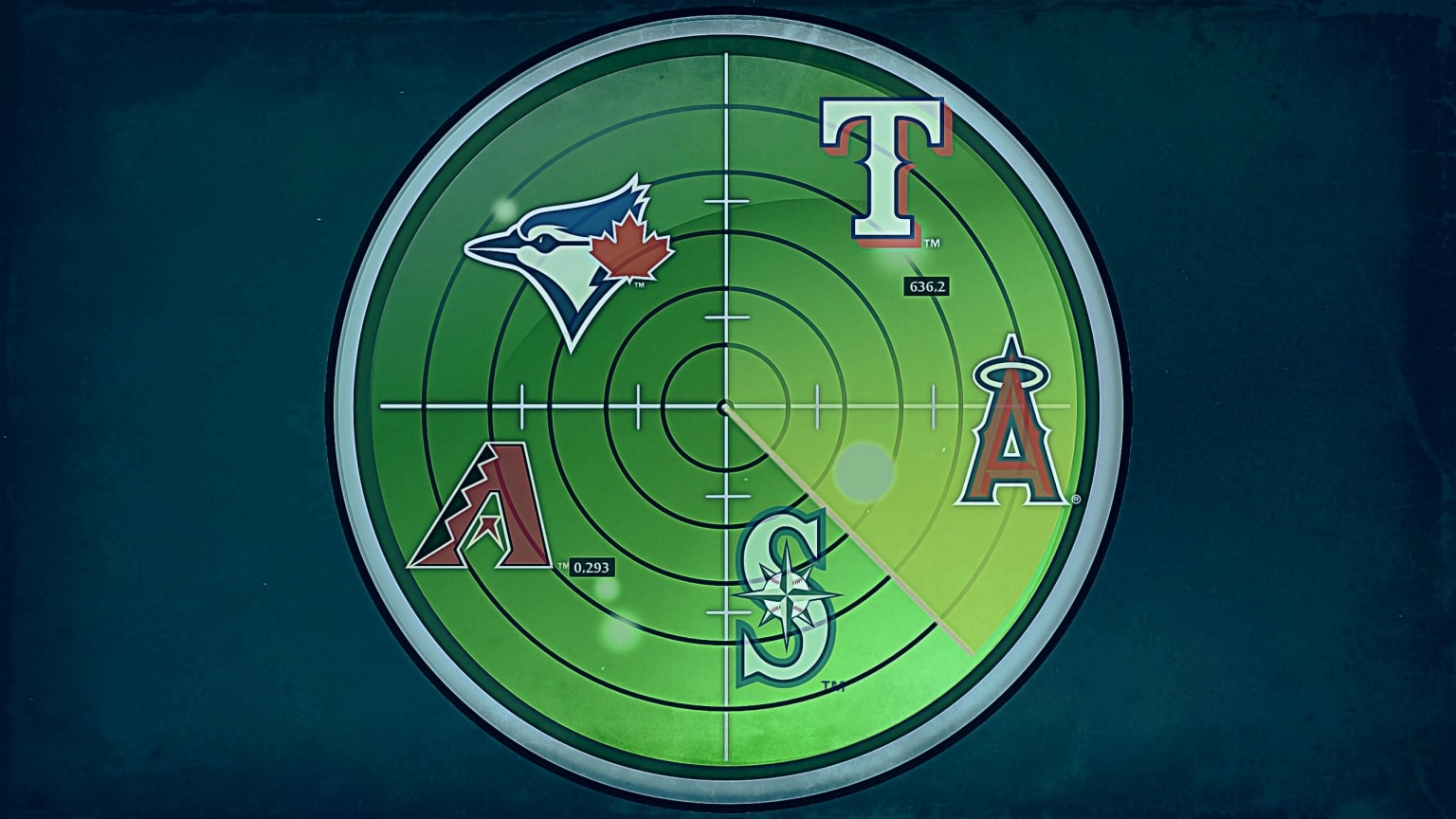 A graphic of a radar screen showing five MLB team logos