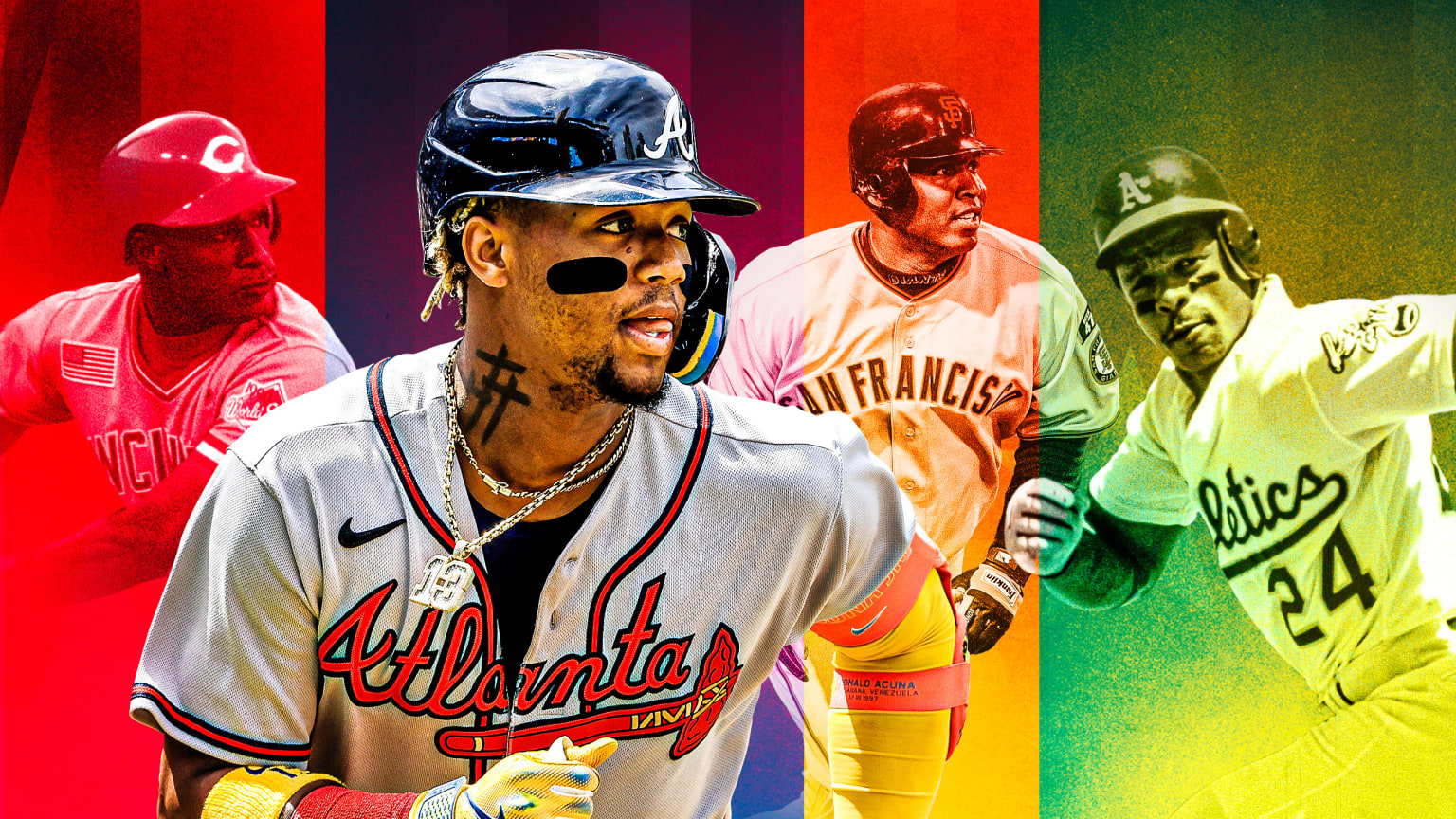 A photo illustration including Eric Davis, Ronald Acuña Jr., Barry Bonds and Rickey Henderson