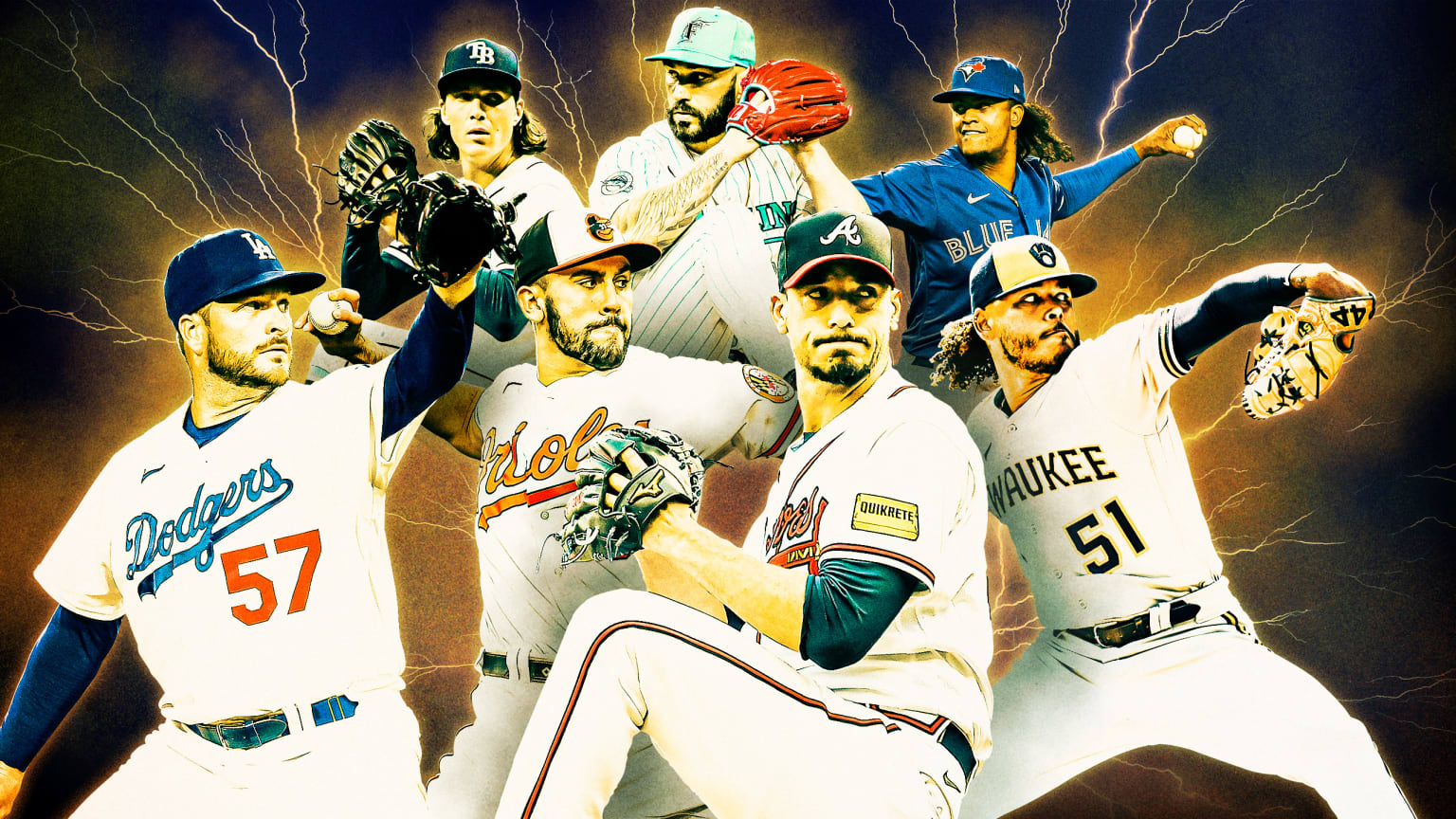 A photo illustration of 7 pitchers clustered in front of lightning bolts