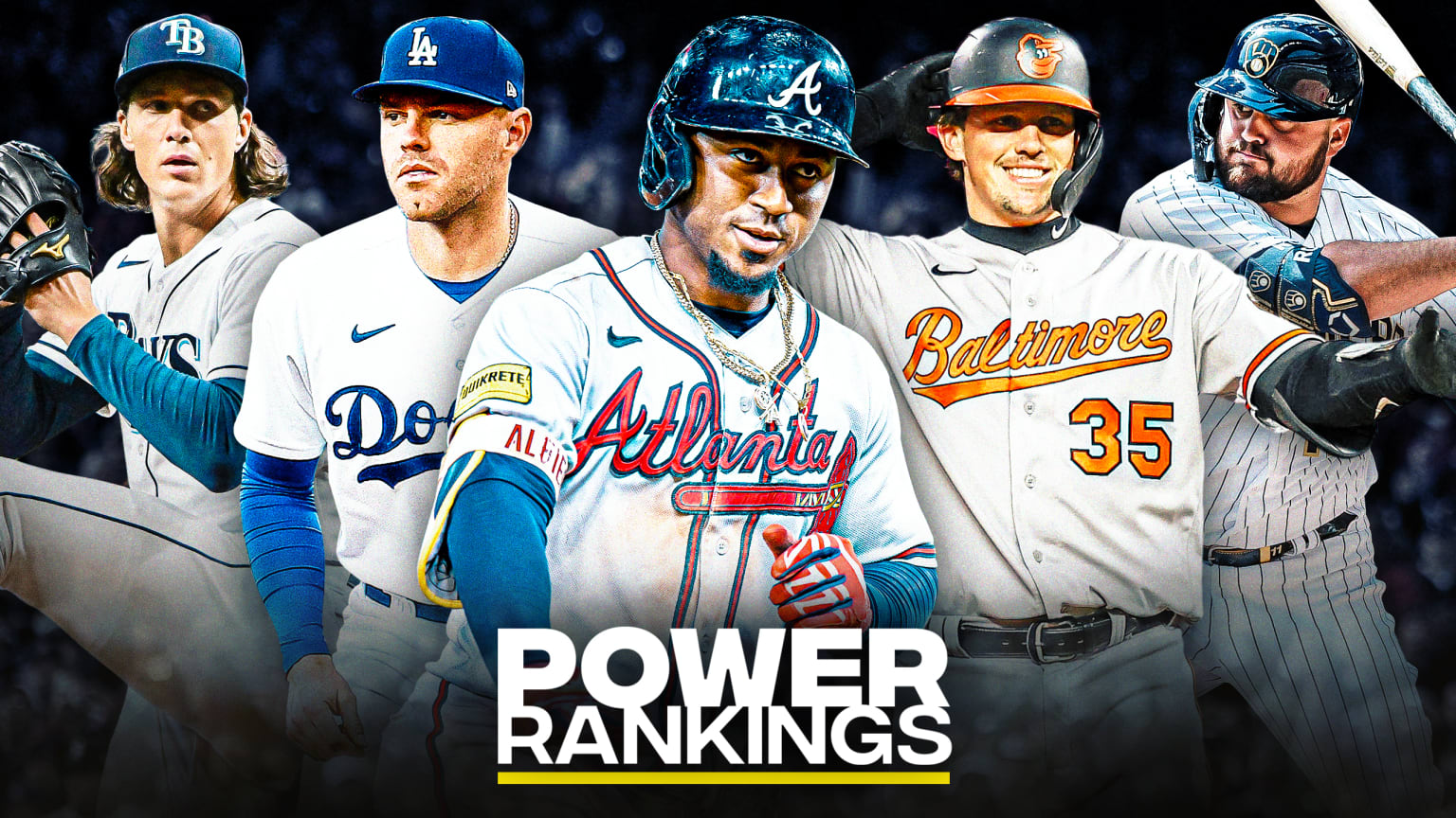 Tyler Glasnow, Freddie Freeman, Ozzie Albies, Adley Rutschman and Rowdy Tellez are pictured above the words Power Rankings