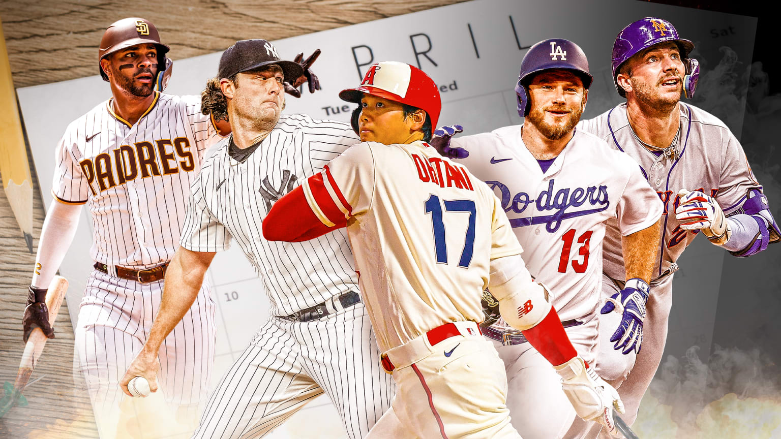 Xander Bogaerts, Gerrit Cole, Shohei Ohtani, Max Muncy and Pete Alonso are pictured in front of a calendar for the month of April