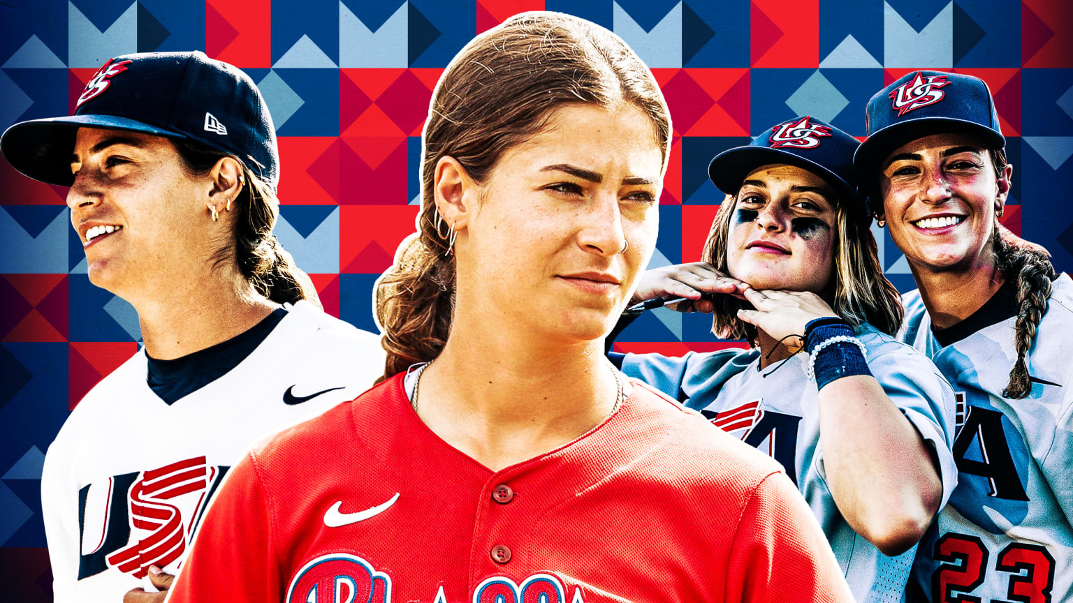 A photo illustration of Sarah Edwards in a Phillies uniform and in Team USA uniforms