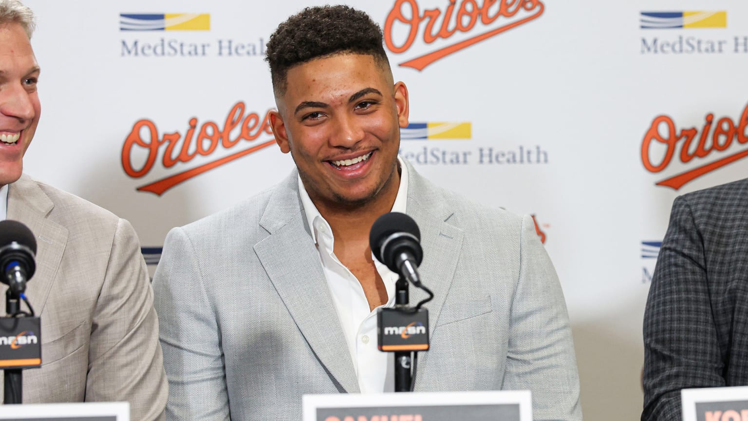 Samuel Basallo smiles during his press conference for his contract extension