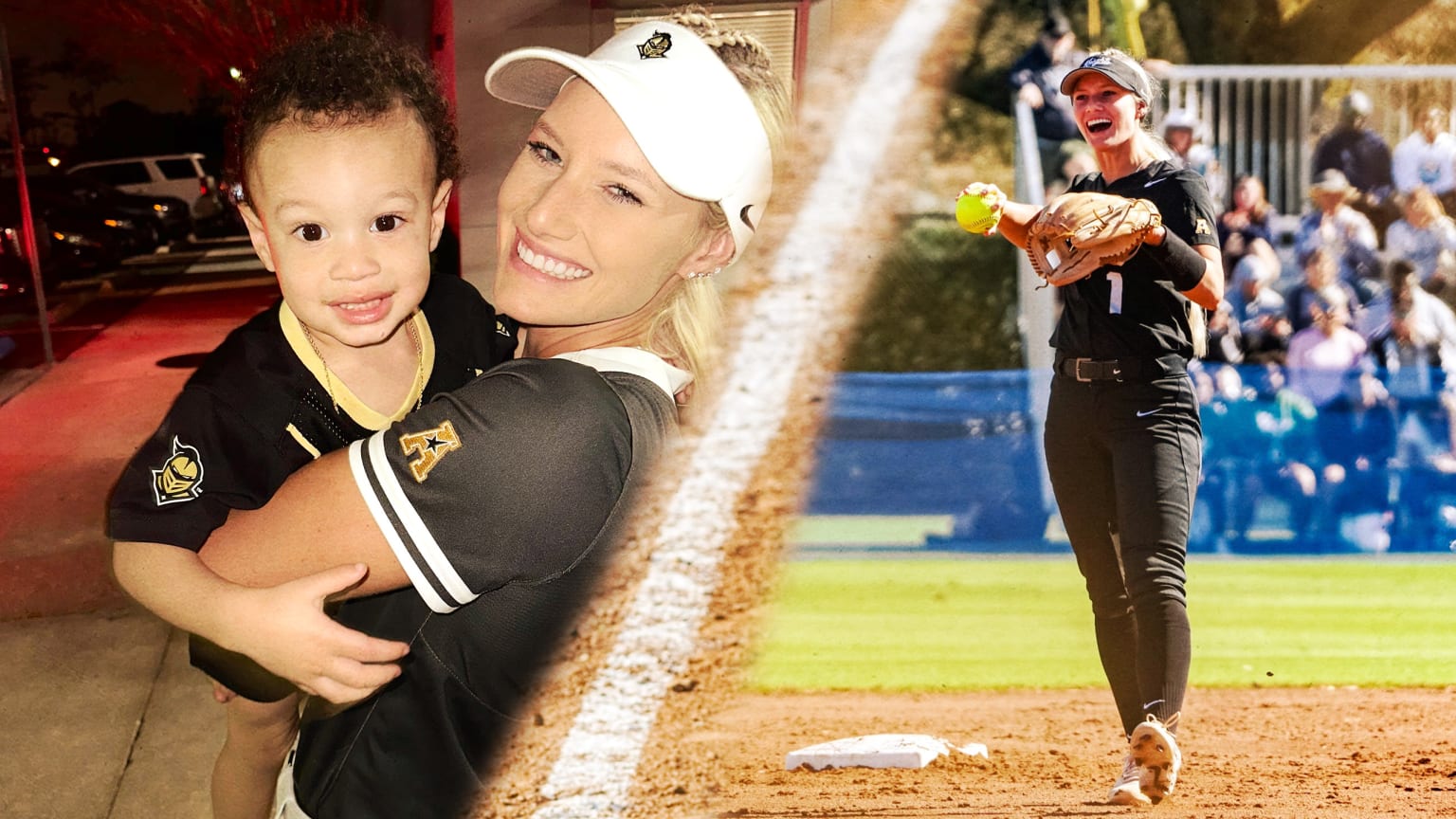 A photo illustration of Jasmine Williams holding her son and in uniform on the softball field