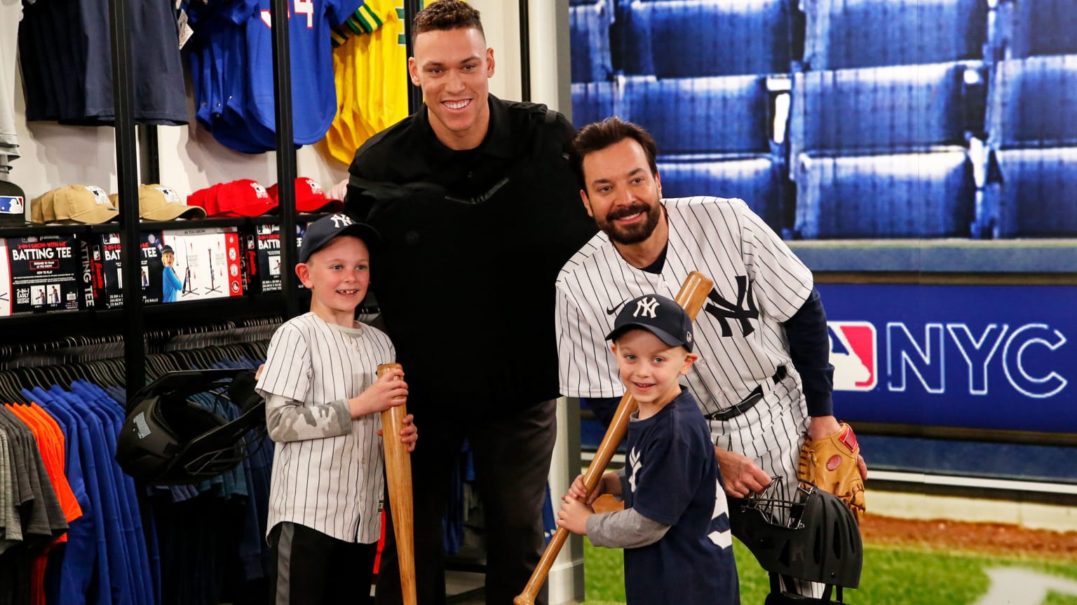 Aaron Judge and Jimmy Fallon with fans at the MLB Store in Manhattan