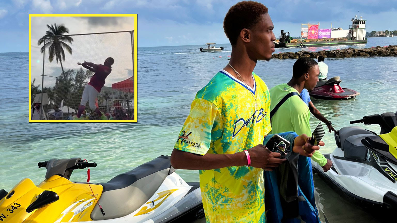 Triston McKenzie is pictured next to jet skies with an inset photo of a player swinging a bat