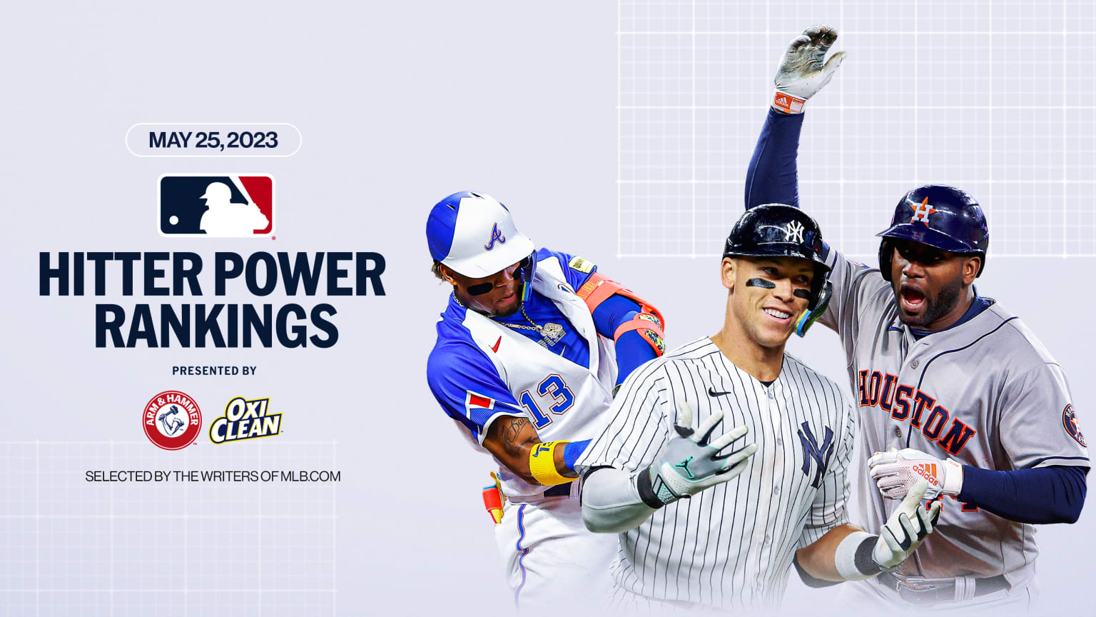 A graphic reading ''HITTER POWER RANKINGS'' with images of Ronald Acuña Jr., Aaron Judge and Yordan Alvarez