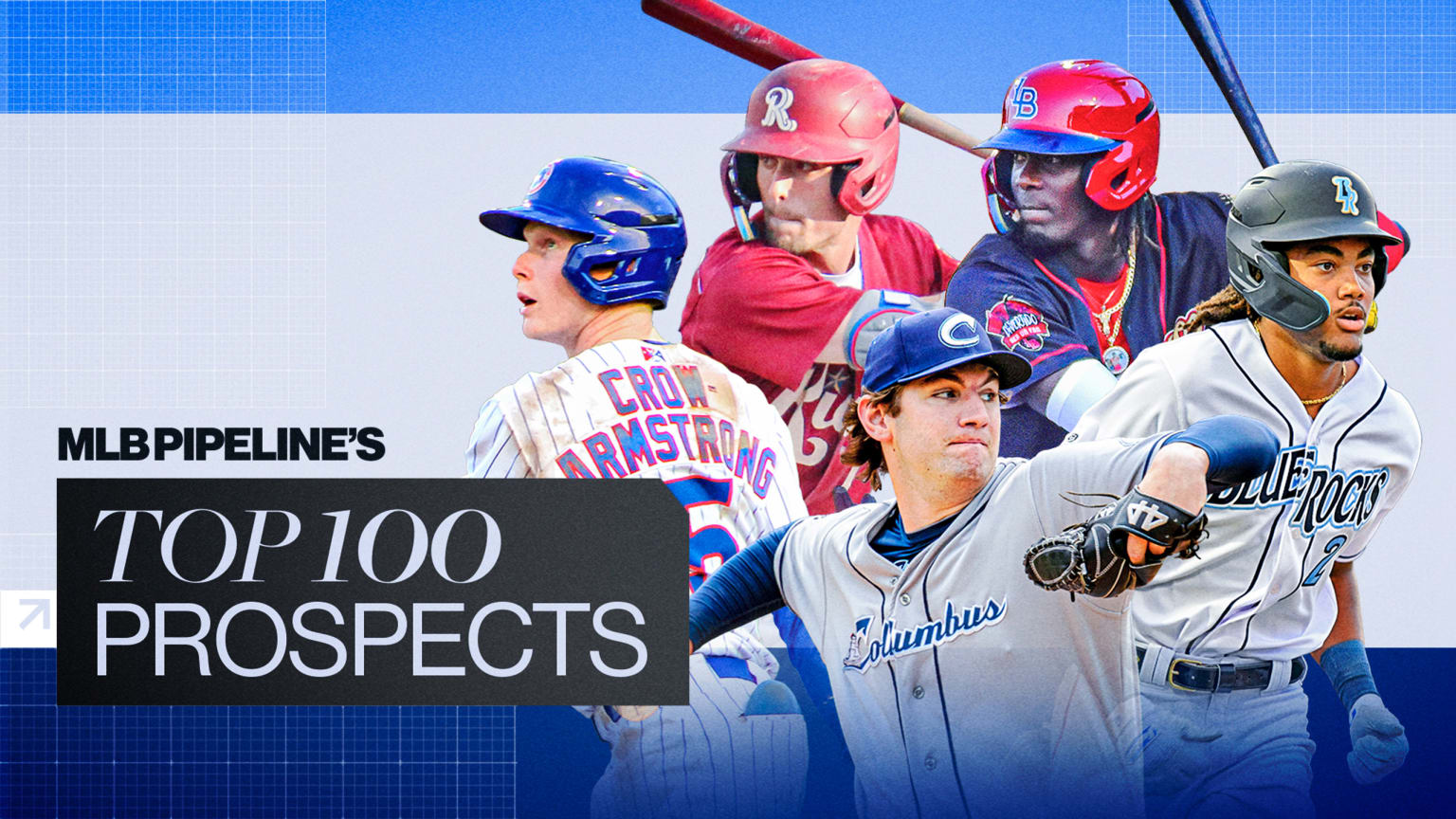 Five prospects are pictured next to the words MLB Pipeline's Top 100 Prospects