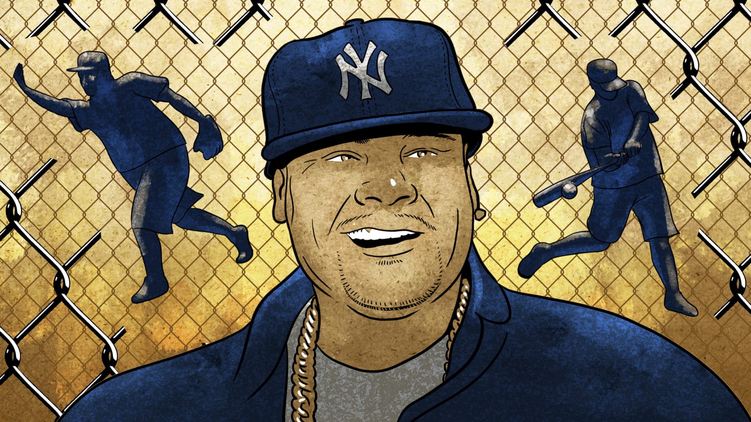 An illustration of rapper Fat Joe in a Yankees cap