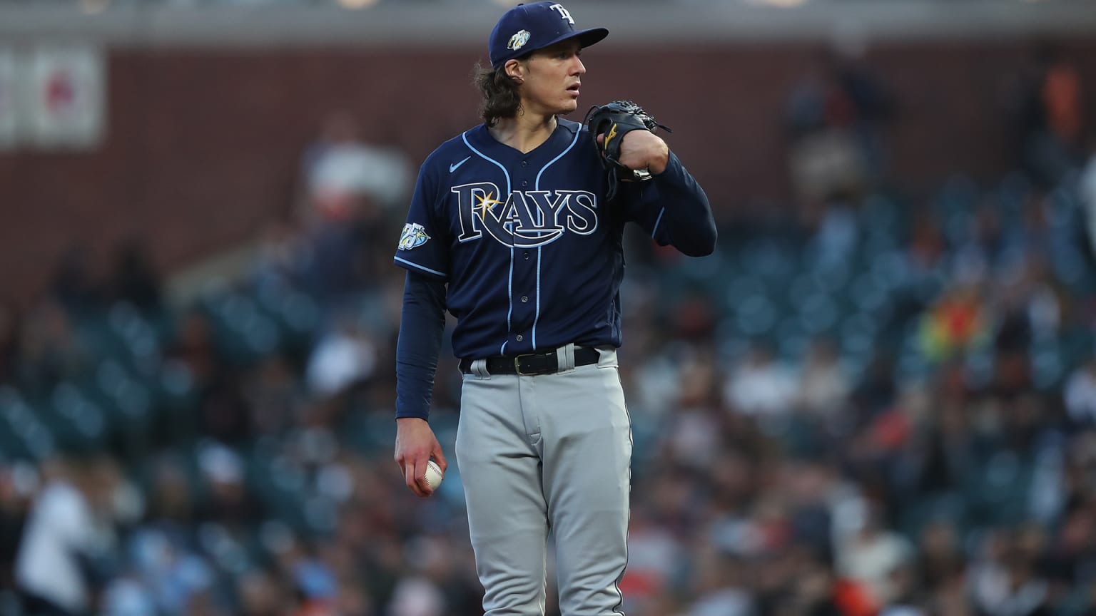 Tyler Glasnow looks toward home plate from the mound