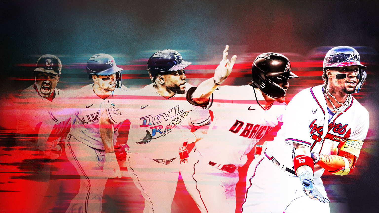 A designed image showing five players with blurred streaks to convey motion