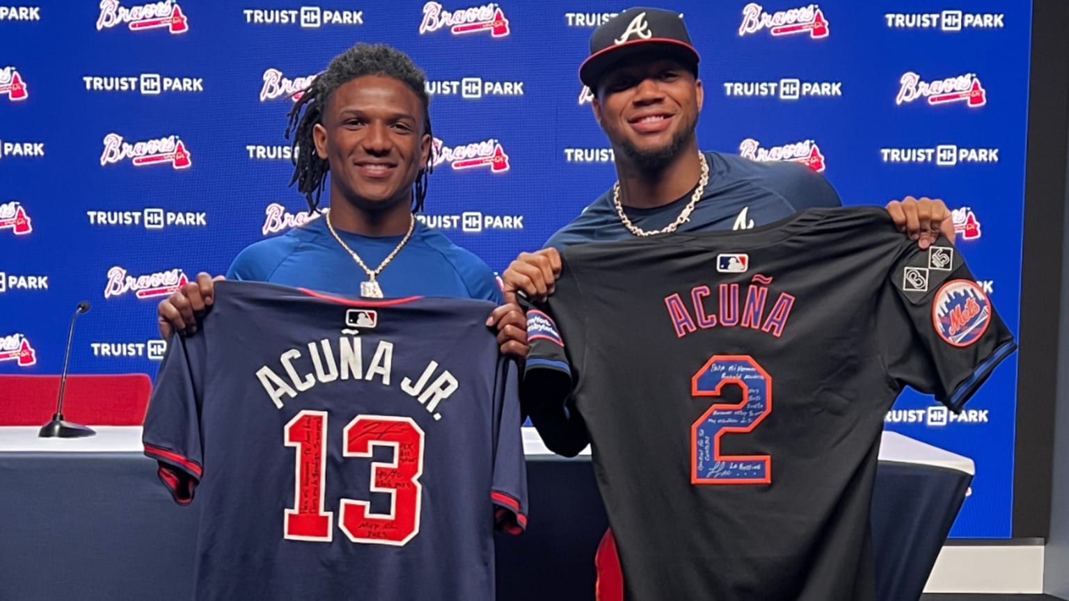 Luisangel Acuña and Ronald Acuña Jr. hold each other's jersey