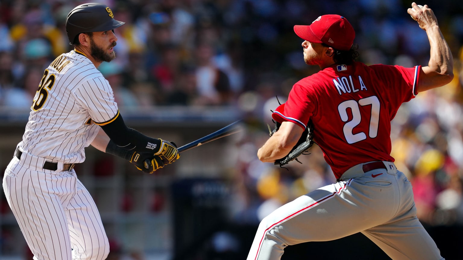 A photo illustration showing Austin Nola batting on the left and Aaron Nola pitching on the right
