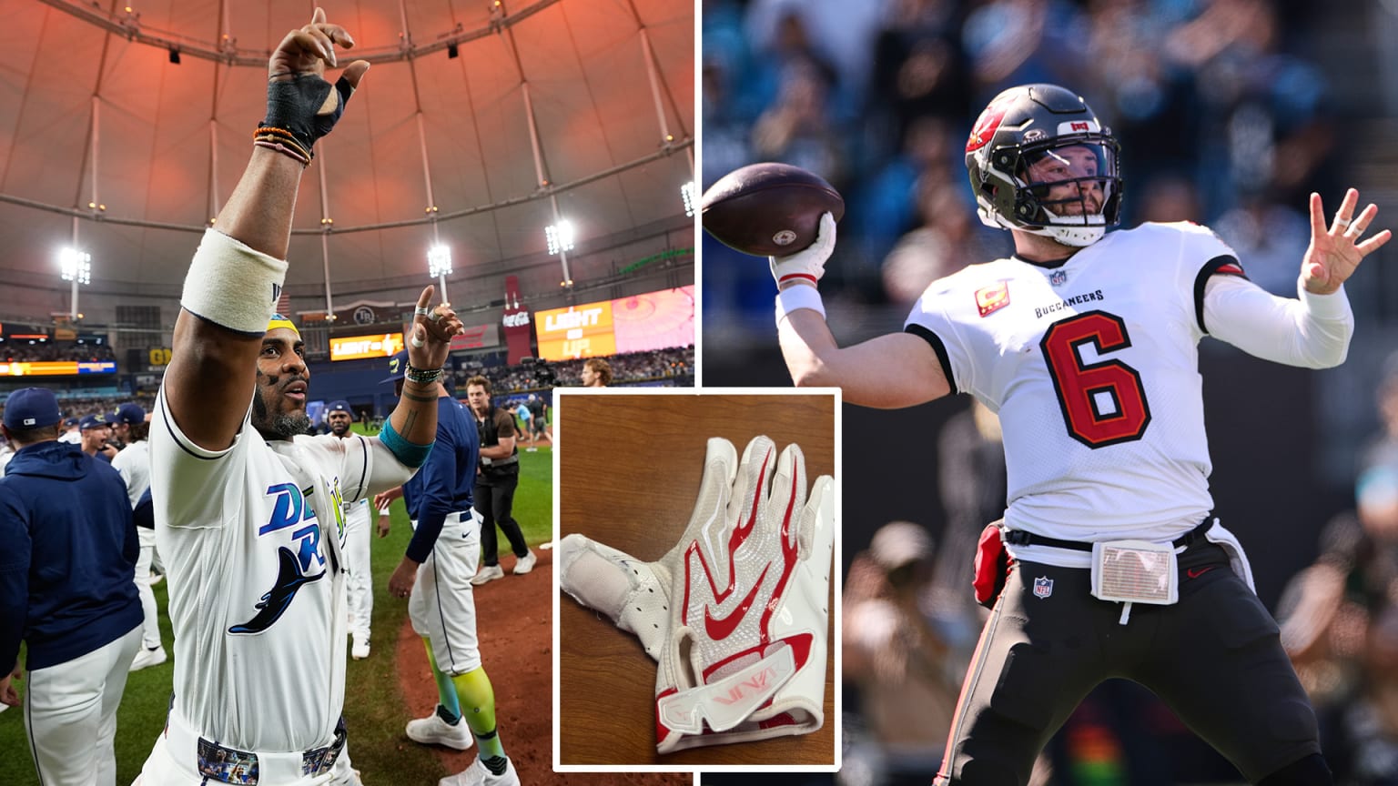 Yandy Díaz, Baker Mayfield and an inset of Mayfield's glove
