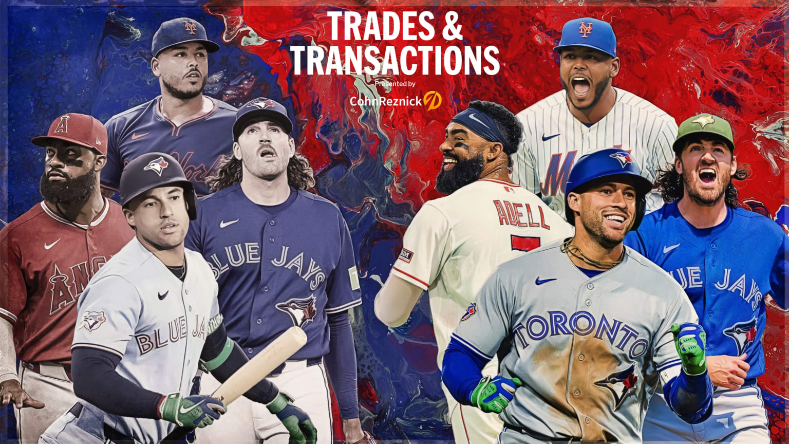 A pair of images each of Jo Adell, George Springer, Freddy Peralta and Kevin Gausman
