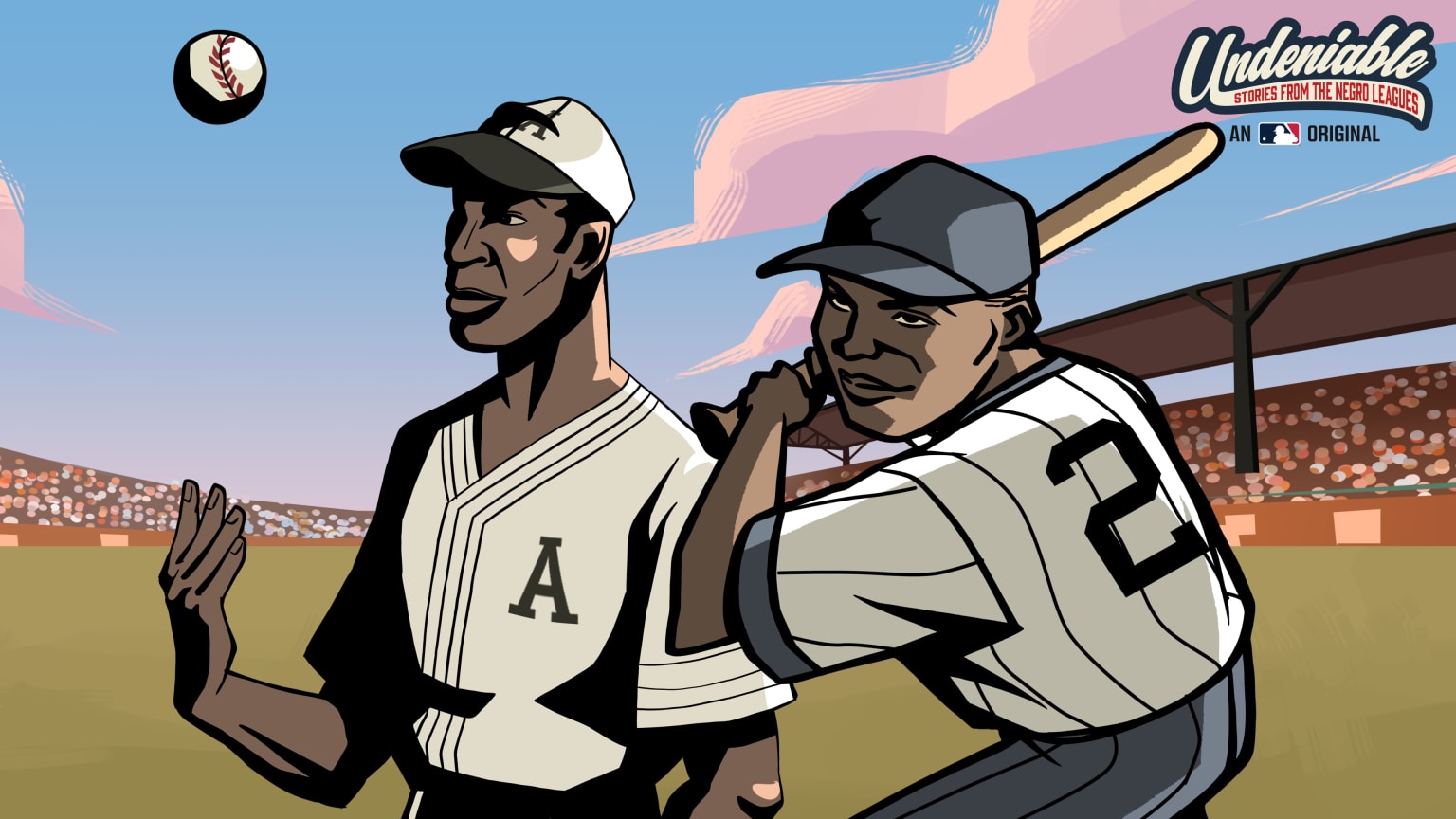 A comic image of two Black ballplayers