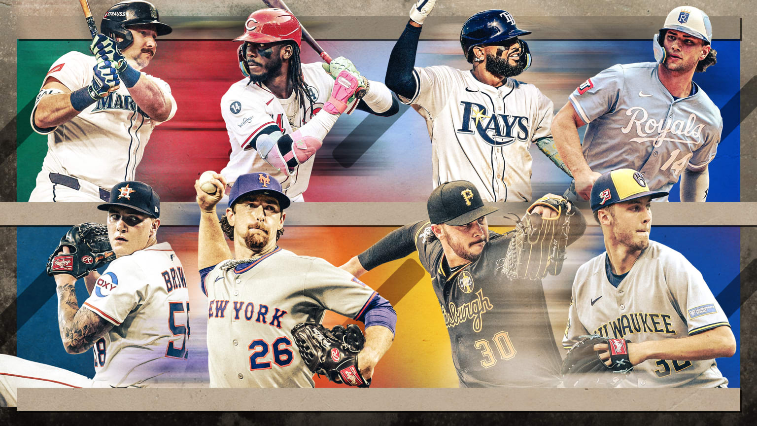 Four 2025 breakout stars with their potential 2026 counterparts: Cal Raleigh and Elly De La Cruz; Junior Caminero and Jac Caglianone; Hunter Brown and Nolan McLean; Paul Skenes and Jacob Misiorowski