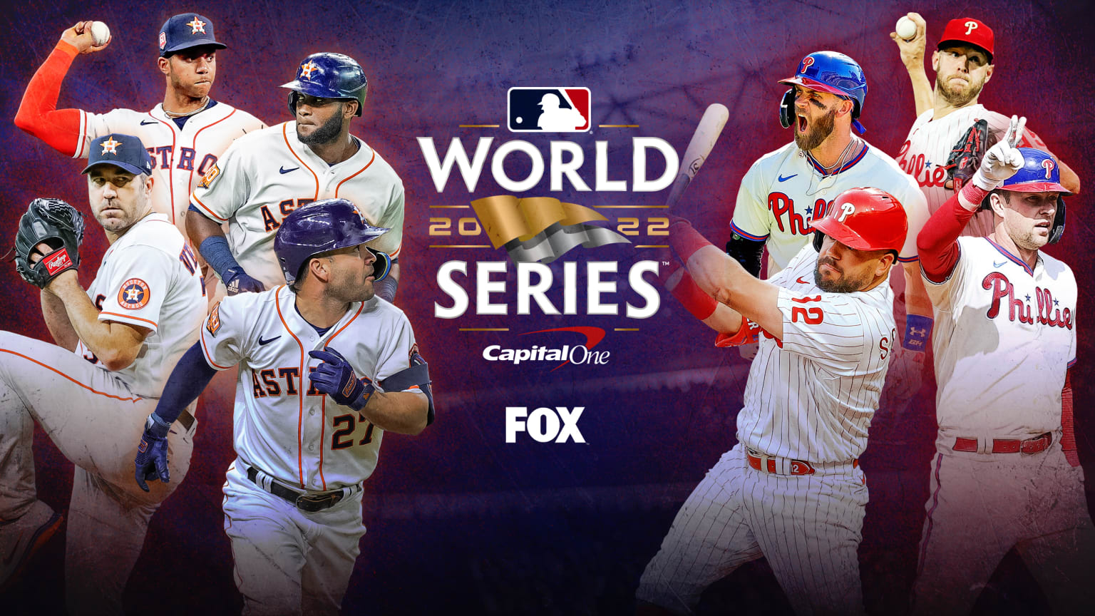 A designed image showing four Astros players on the left and four Phillies on the right. In the middle is the World Series logo