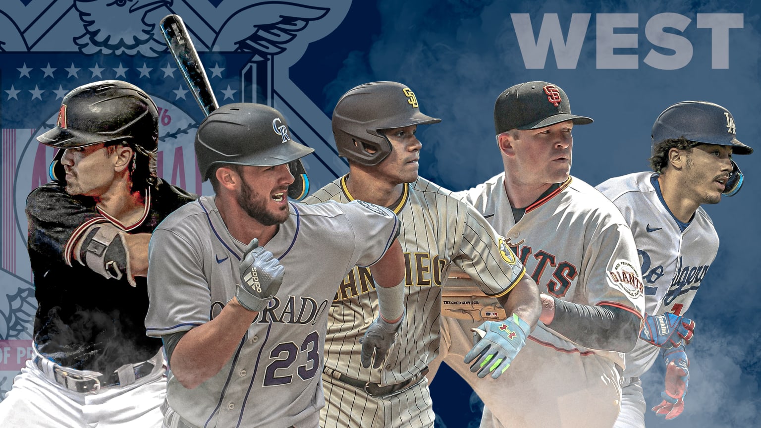 A photo illustration of five players against a blue background showing part of the National League logo and the word ''West''