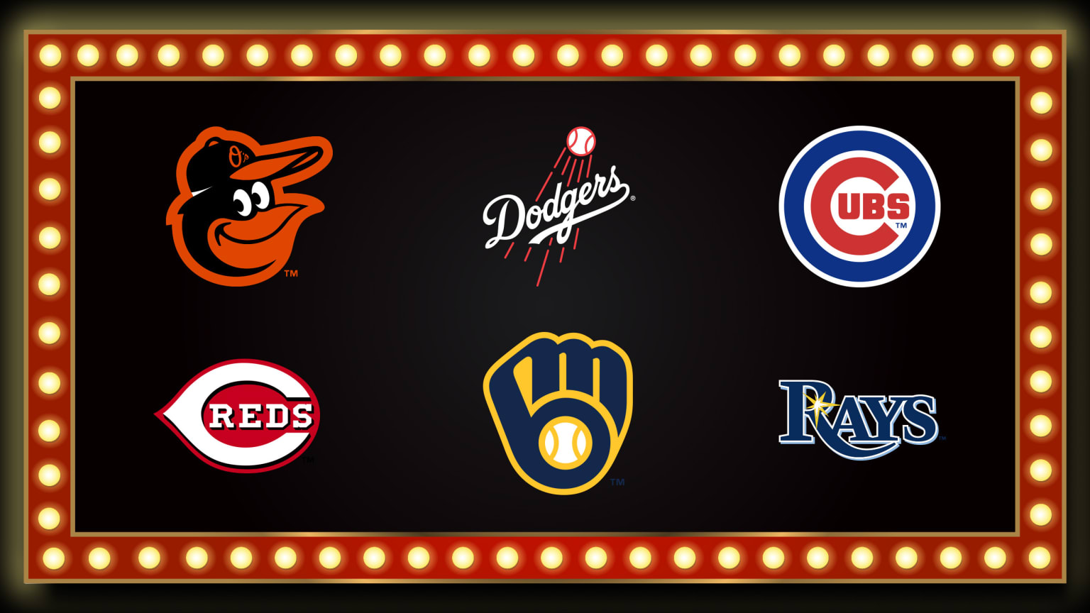 Logos of the Orioles, Dodgers, Cubs, Reds, Brewers and Rays