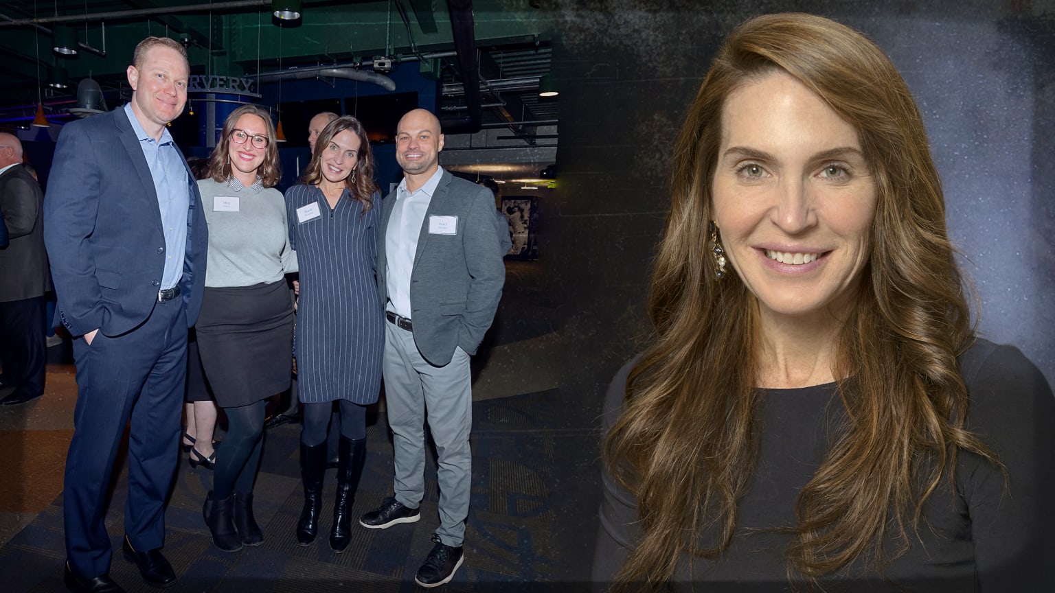 A split image showing four people posing for a photo on the left, and a portrait of Marti Wronski on the right