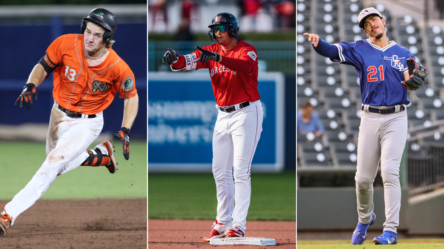 Three prospects: One running the bases, one standing on a base and pointing and one throwing