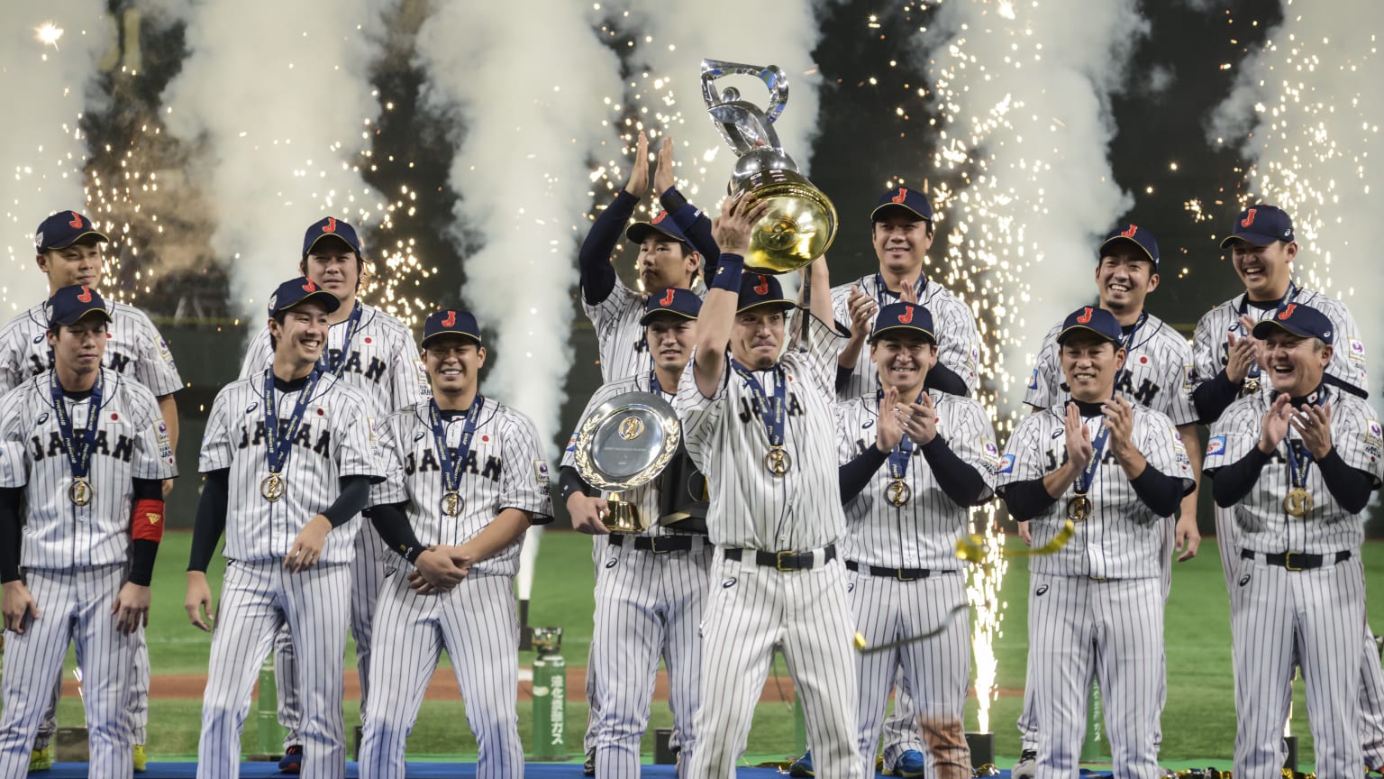 Japan celebrates after winning the 2019 Premier12 tournament