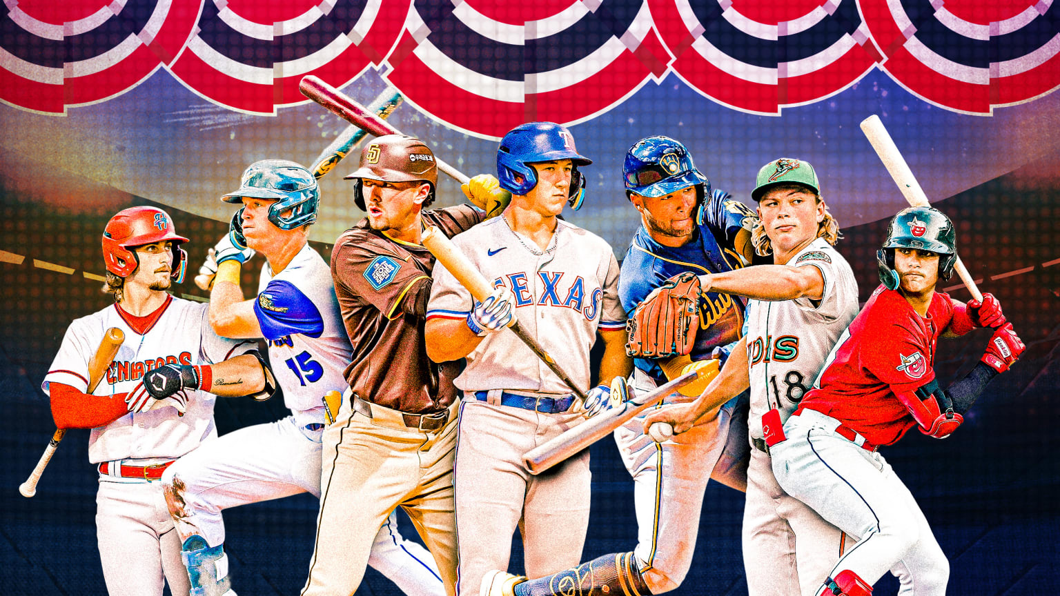 A photo montage of seven Top 100 prospects in front of Opening Day bunting