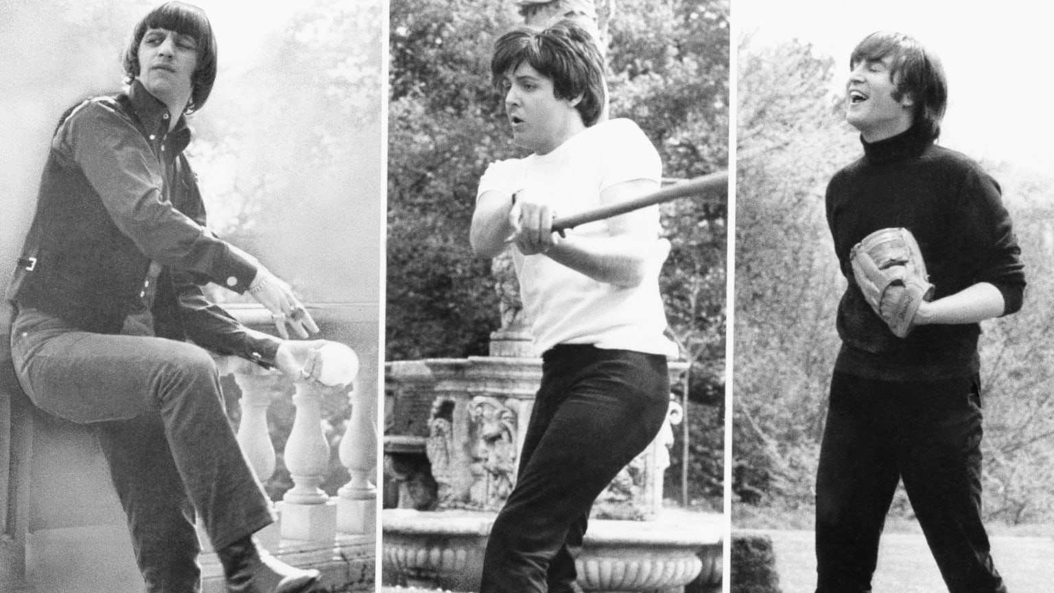 Ringo Starr throwing a ball, Paul McCartney swinging a bat and John Lennon wearing a baseball glove