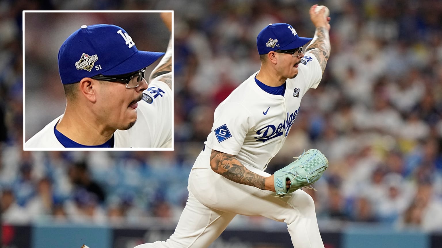 An image of Anthony Banda pitching with an inset showing the number 51 on his cap