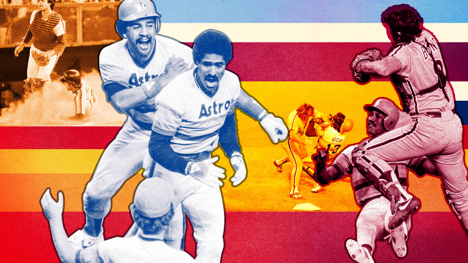 A designed graphic showing images of the 1980 NLCS against a blue, white, maroon, yellow and orange background