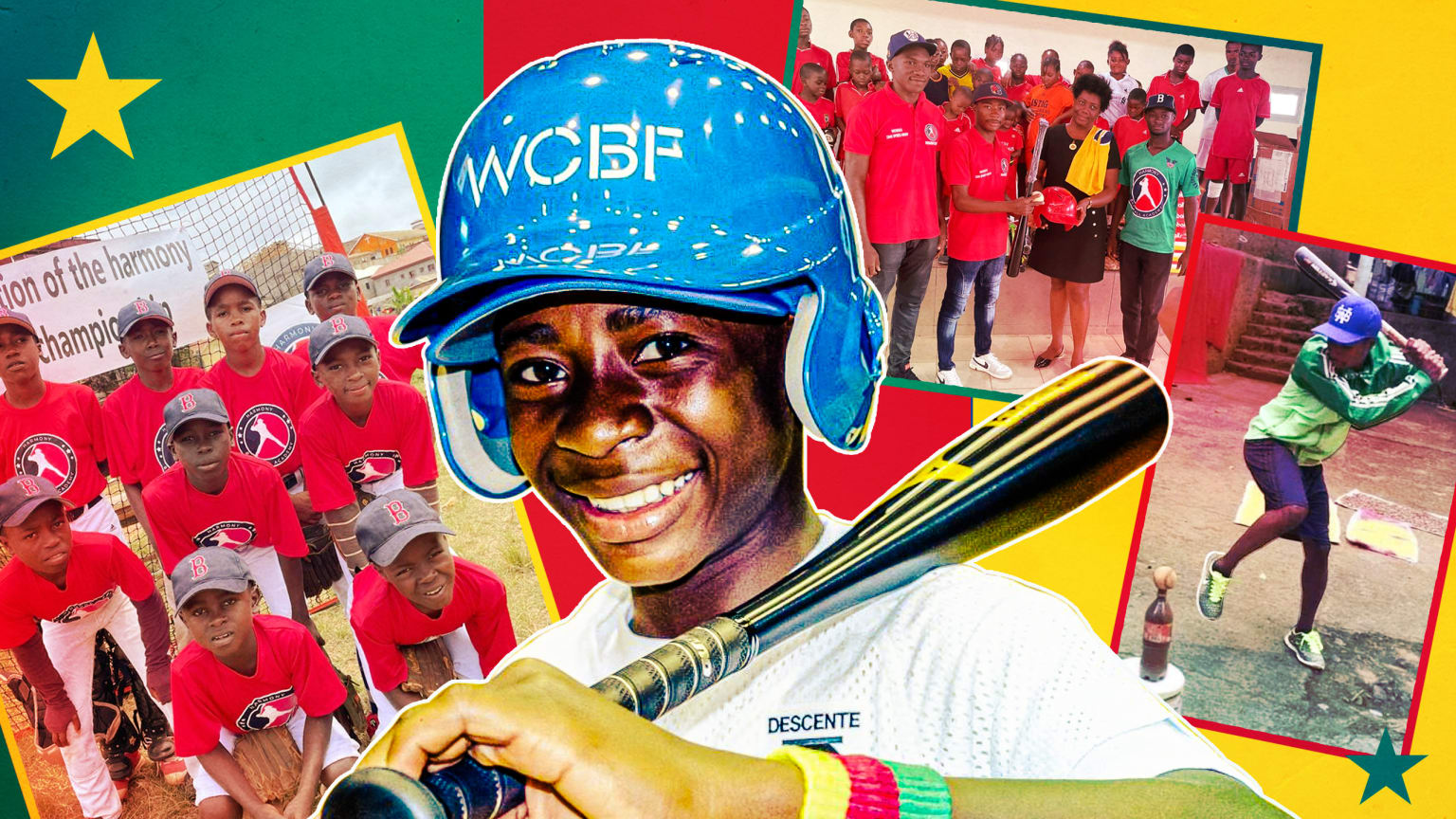 A photo illustration showing a young player in a helmet holding a bat, with other pictures scattered around him