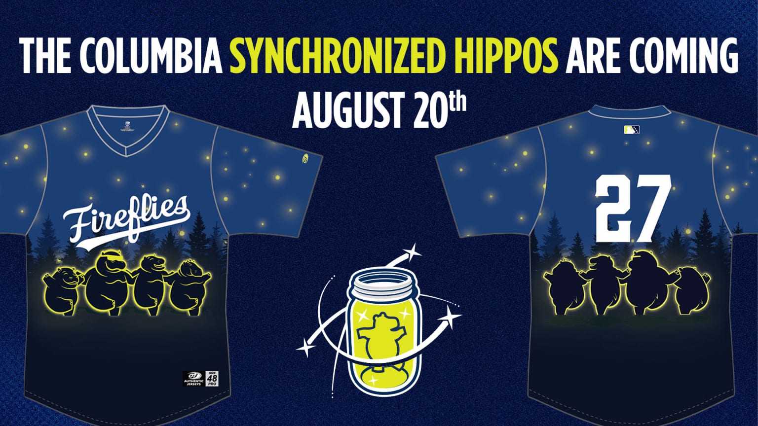 A graphic of the Columbia Fireflies' Synchronized Hippos jerseys