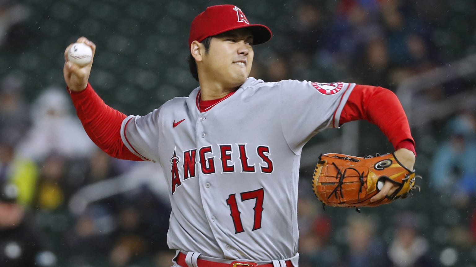 Shohei Ohtani shown in mid-pitch