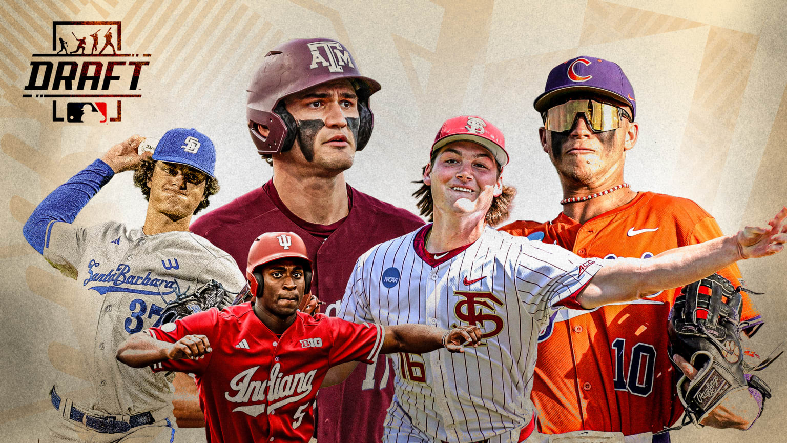 Five college players with the MLB Draft logo