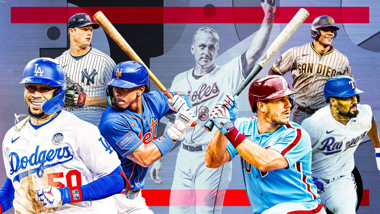 A photo illustration of six current players surrounding an image of Cal Ripken Jr.