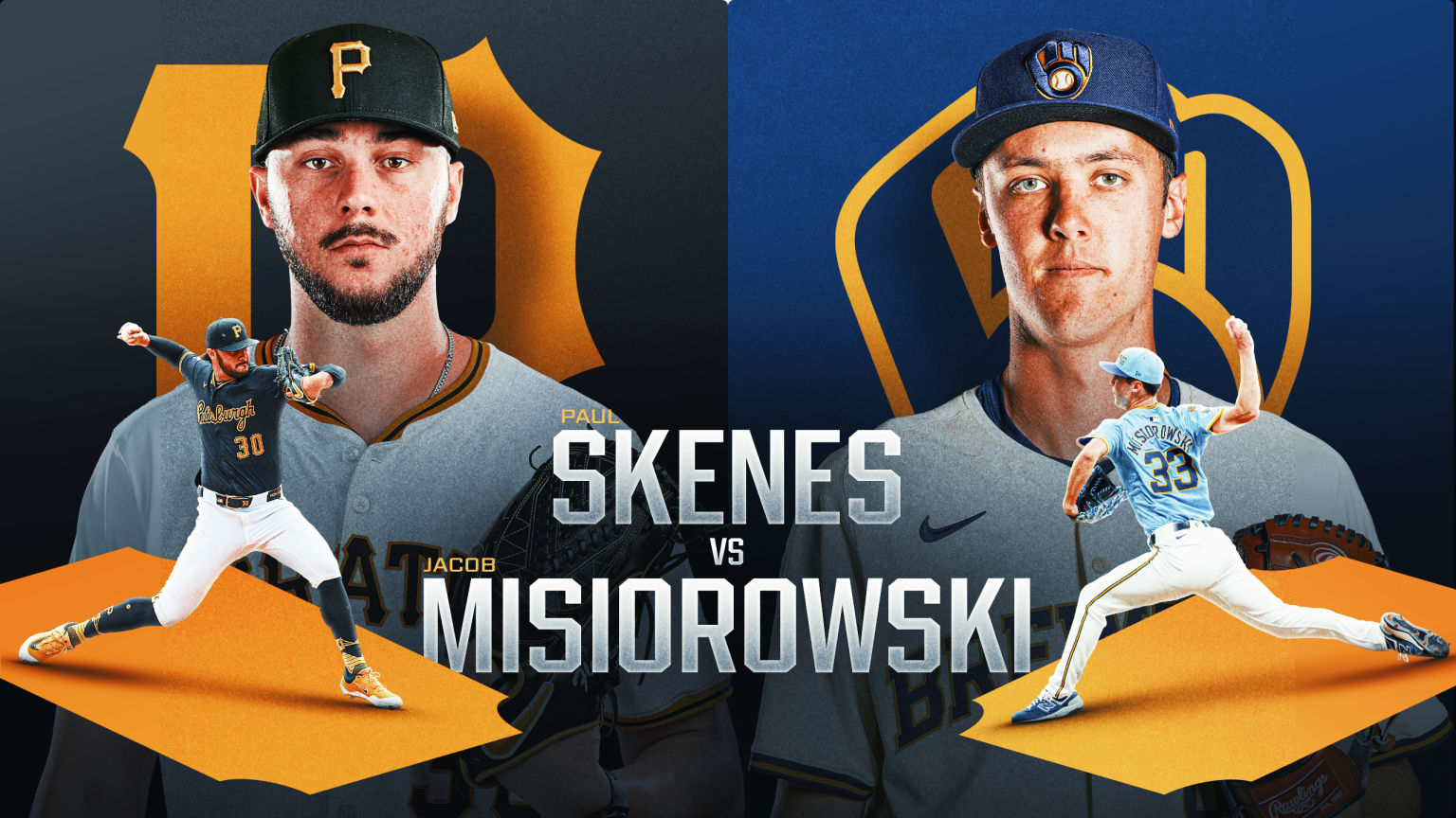 A designed image with Paul Skenes and Jacob Misiorowski in action with Pirates and Brewers logos behind their head shots