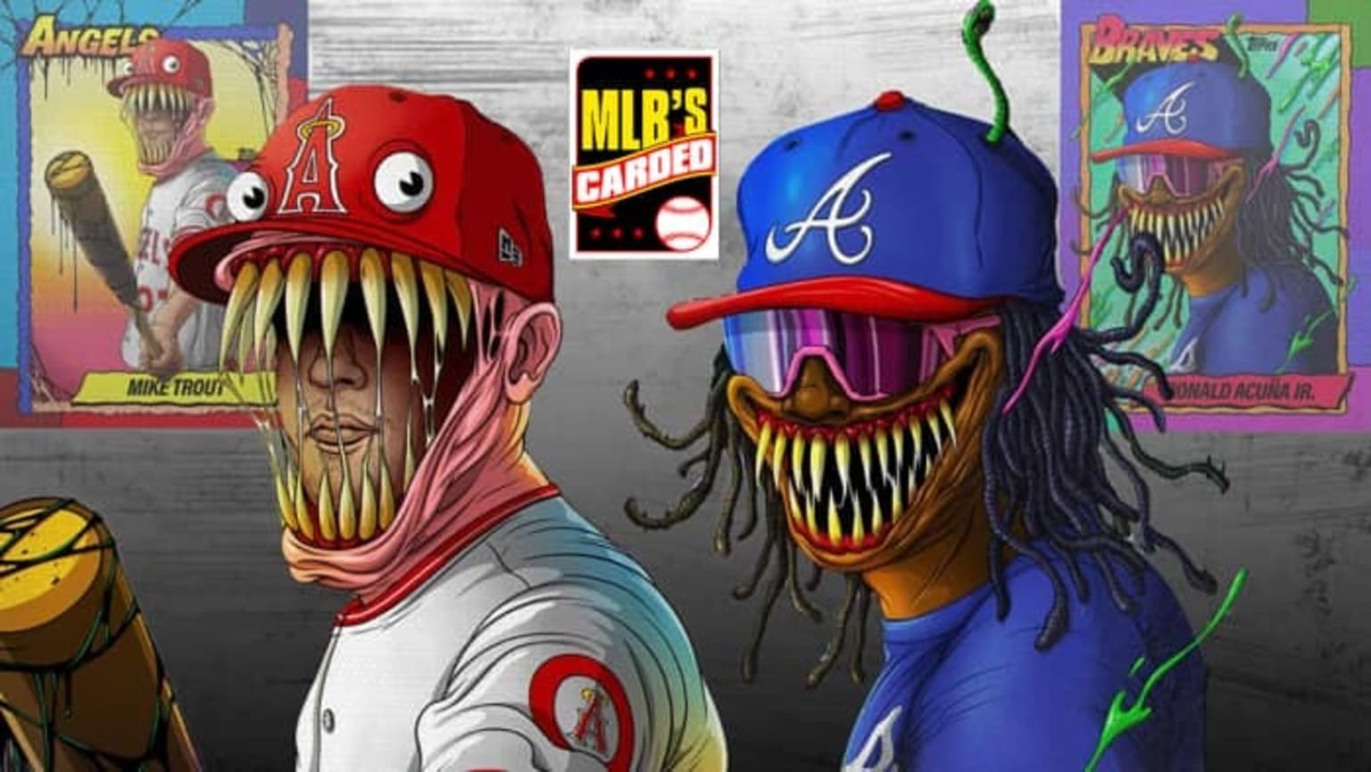 A photo illustration shows designs for two baseball cards featuring players as monsters