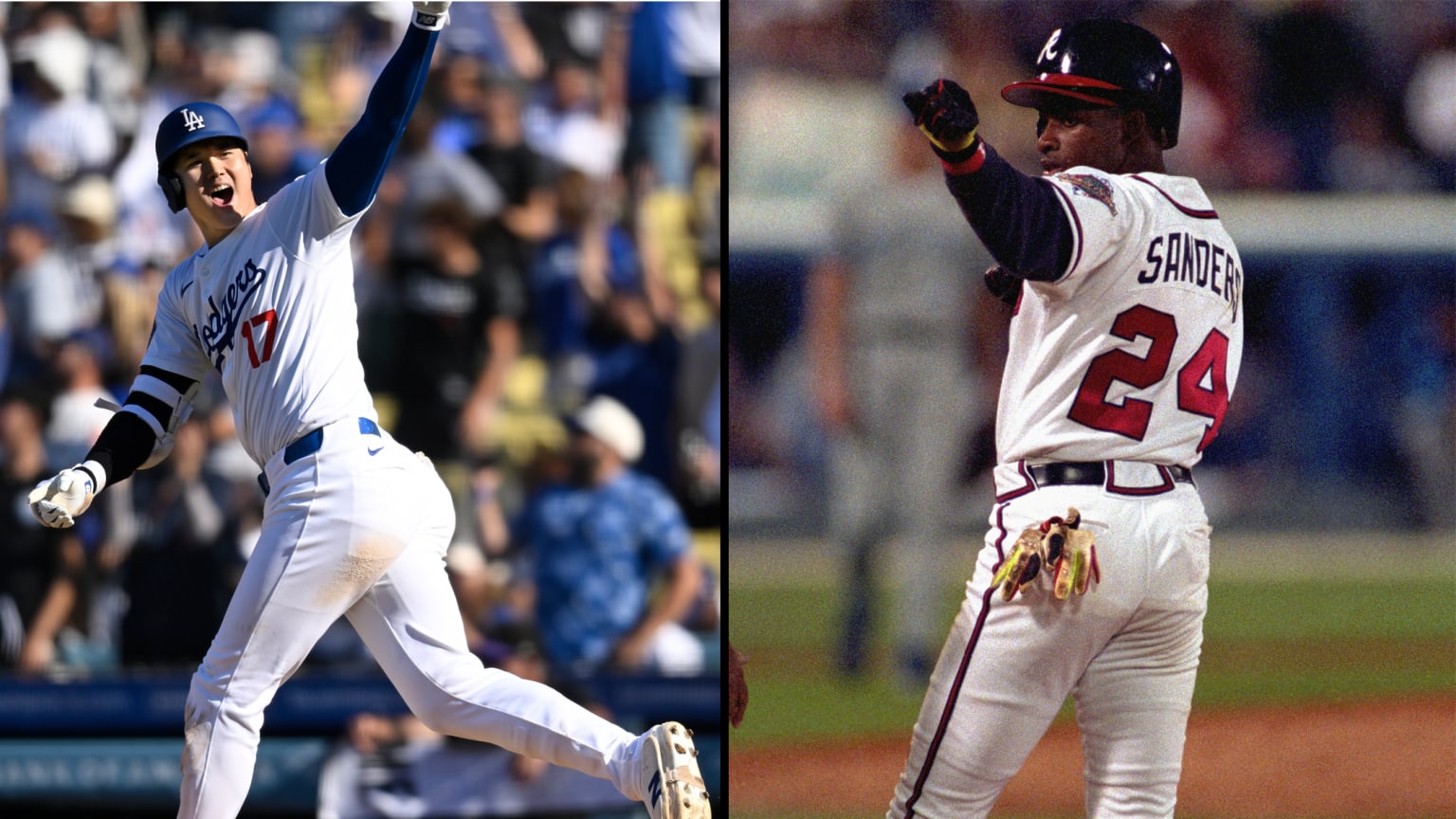 A split image of Dodgers star Shohei Ohtani and Deion Sanders playing with Braves