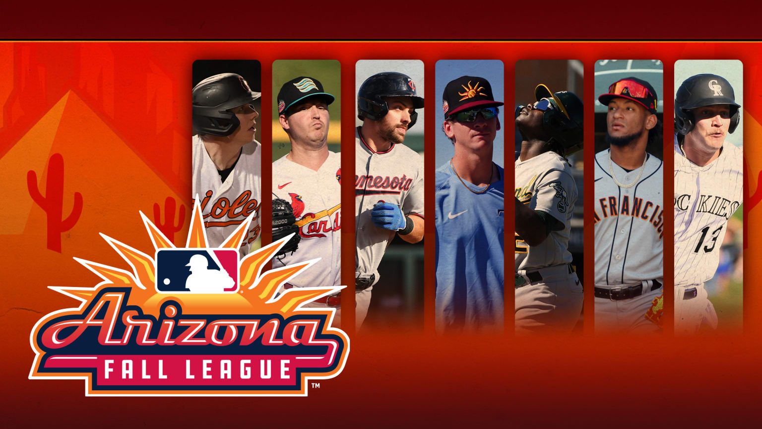 Seven players are pictured in insets next to the Arizona Fall League logo