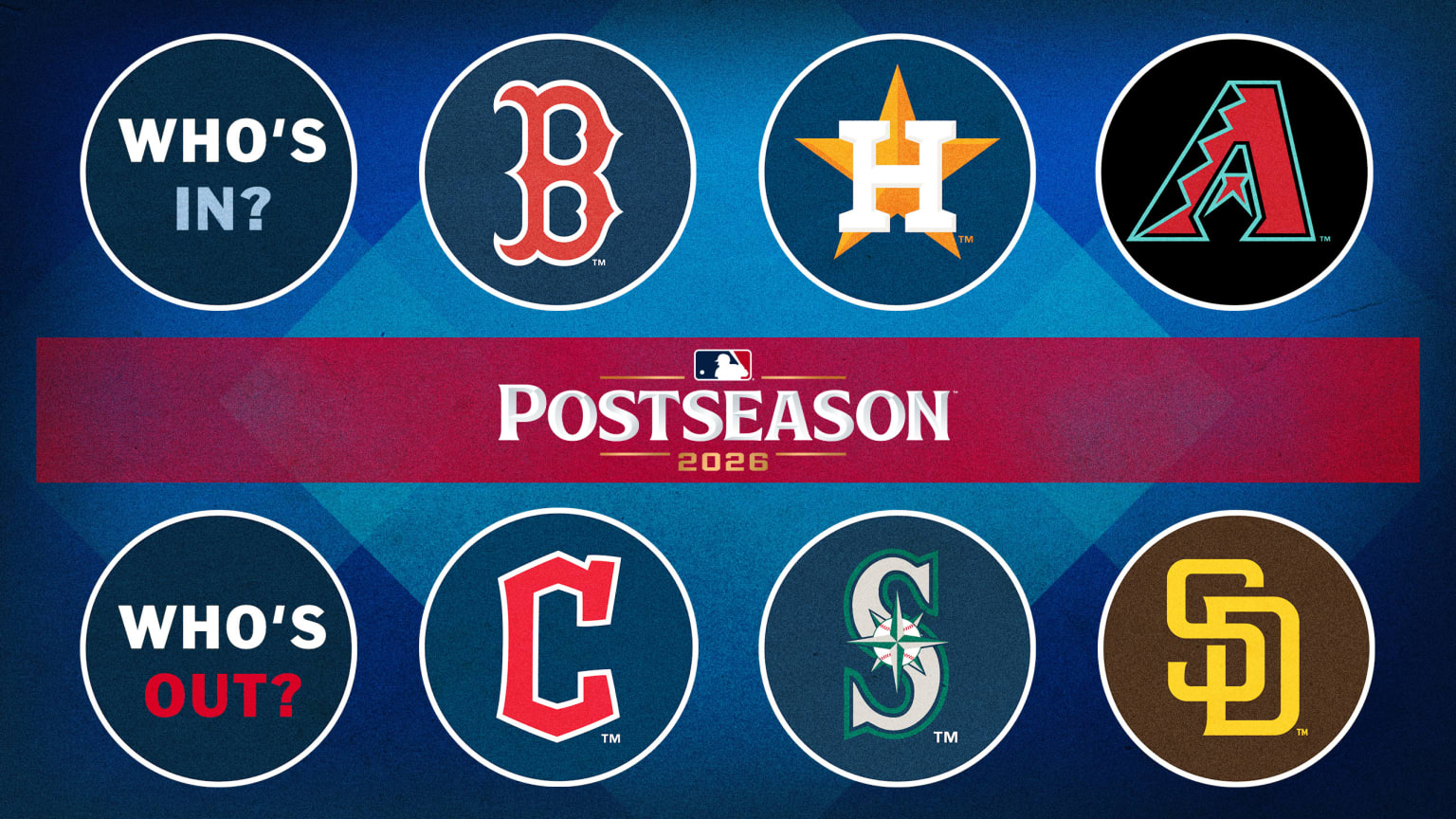Logos for the Red Sox, Astros and D-backs who are in the postseason, and the Guardians, Mariners and Padres, who are not